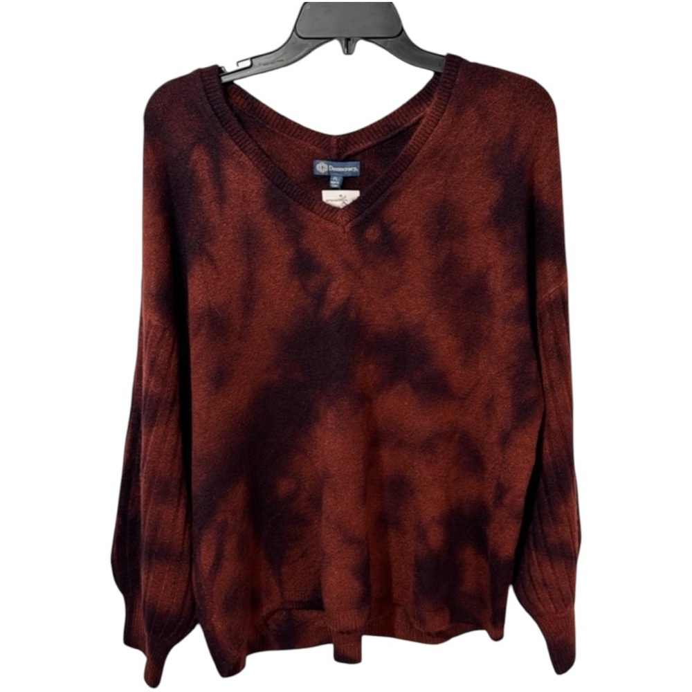 Democracy Sweater Rust & Purple Tie Dye V-Neck Bishop Sleeve in Sz PL  NWT‎